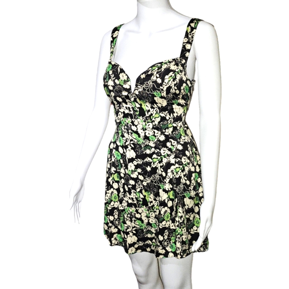 Free People Green, Black, Yellow Floral Print Celia Mini Dress Size 4 - Picture 6 of 8